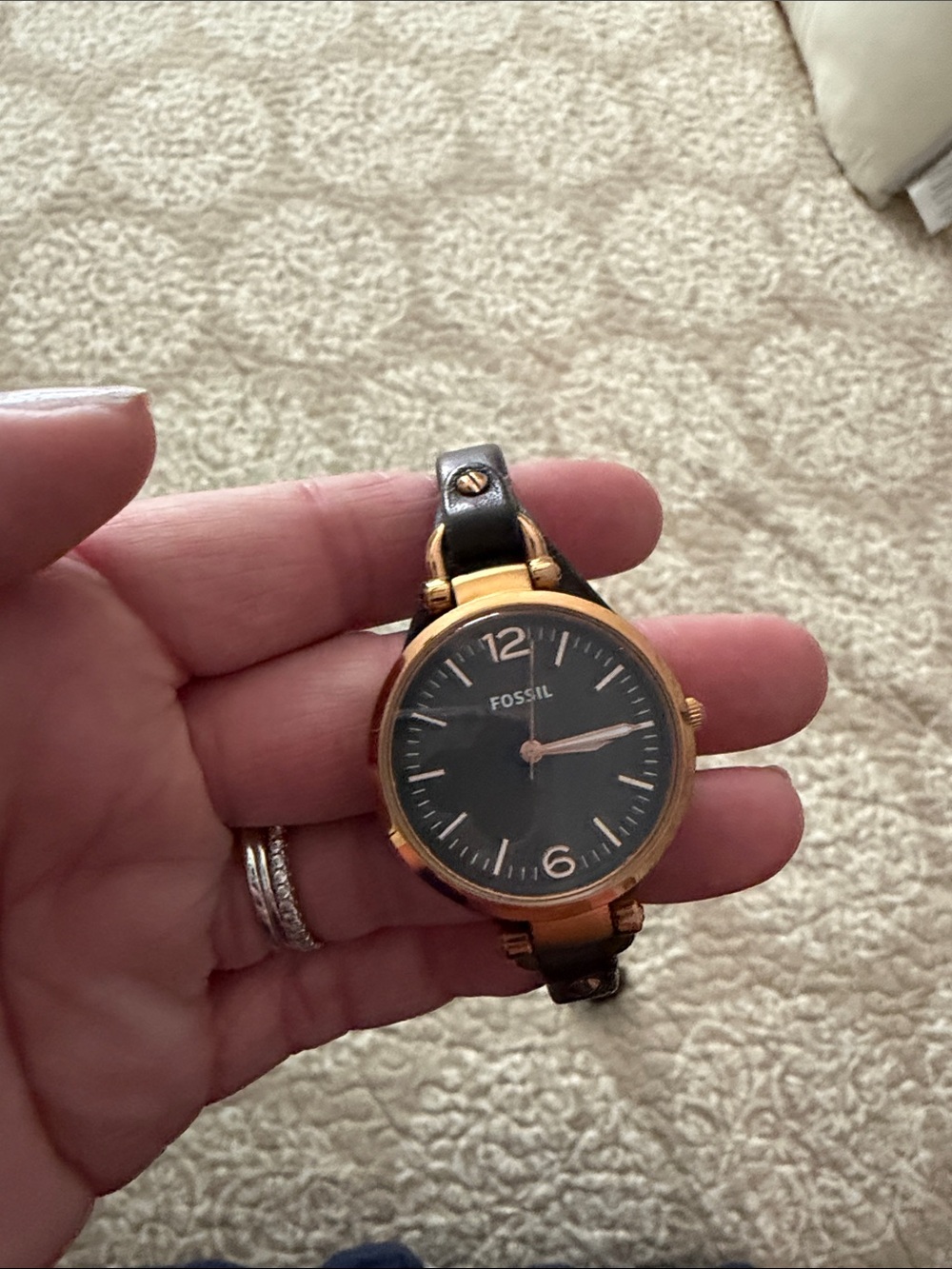 Fossil Women's Black Dial Gold-Tone Case Leather Band Watch